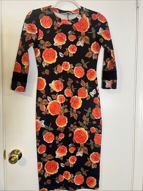 Zara cottagecore Black Midi Dress with Orange Rose Print size S